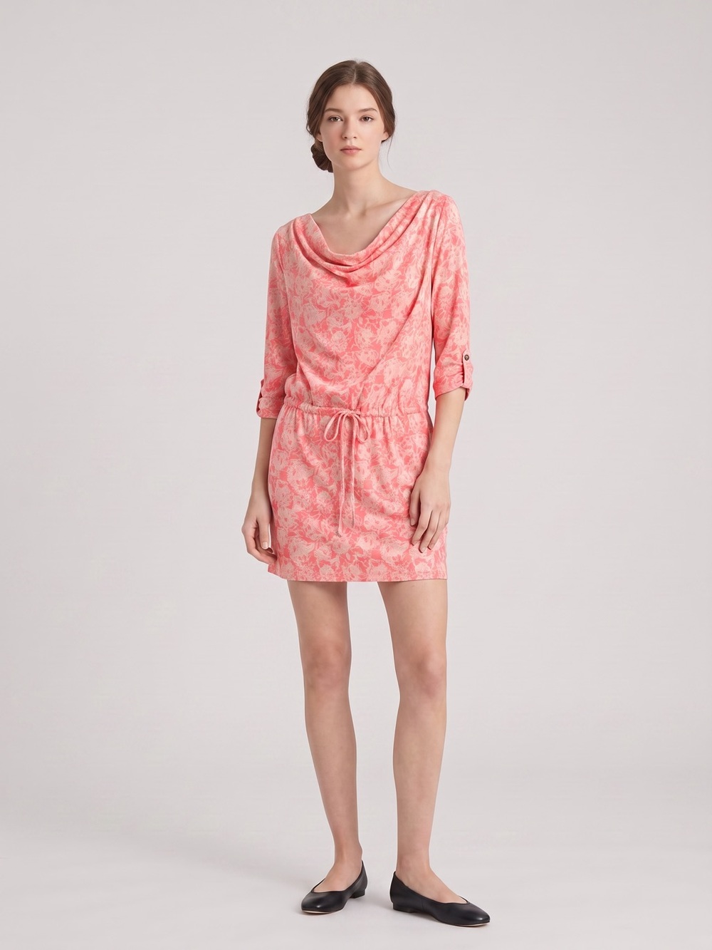 Paul & Joe Whimsical Silk Coral Pink Kitties Printed Drawstring Cowl Neck Dress